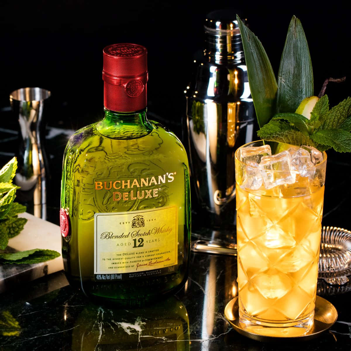 Pear Mojito Cocktail With Buchanan's Deluxe Background