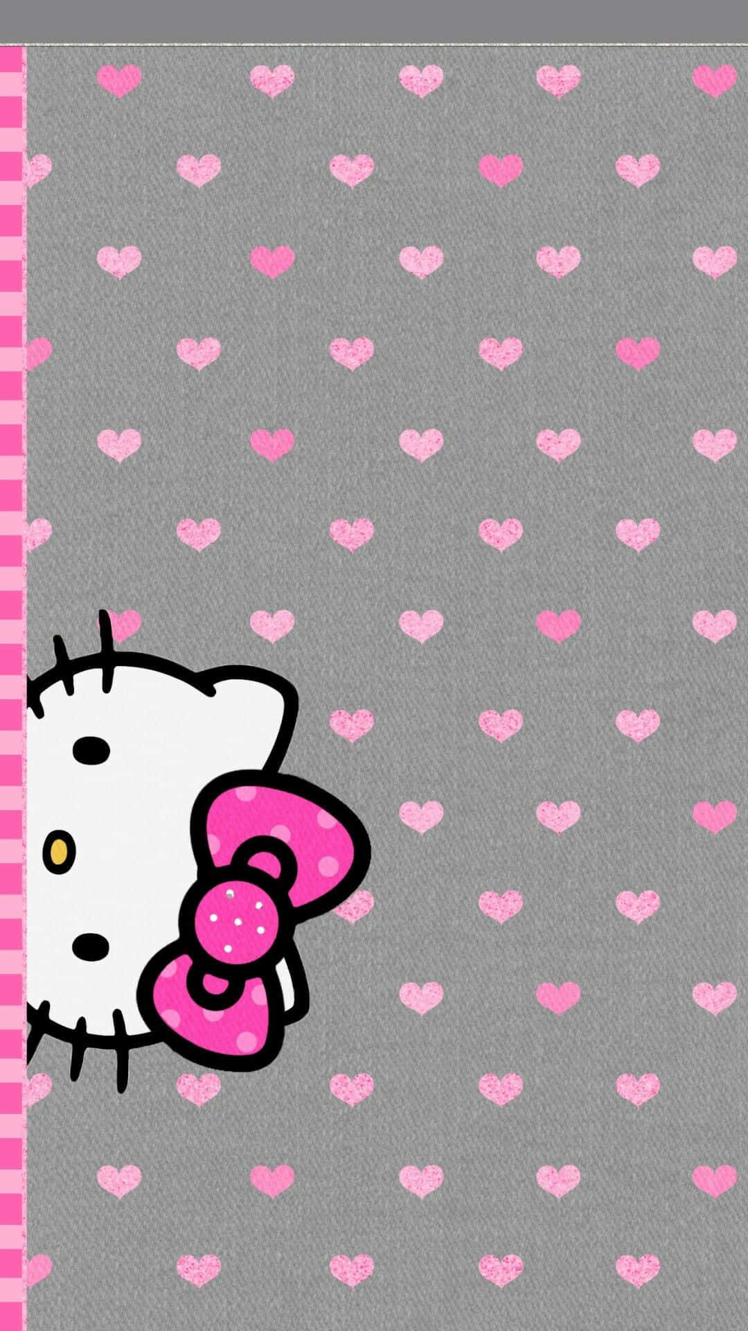 Peeking Cute Pink Hello Kitty Gray Hearts Background