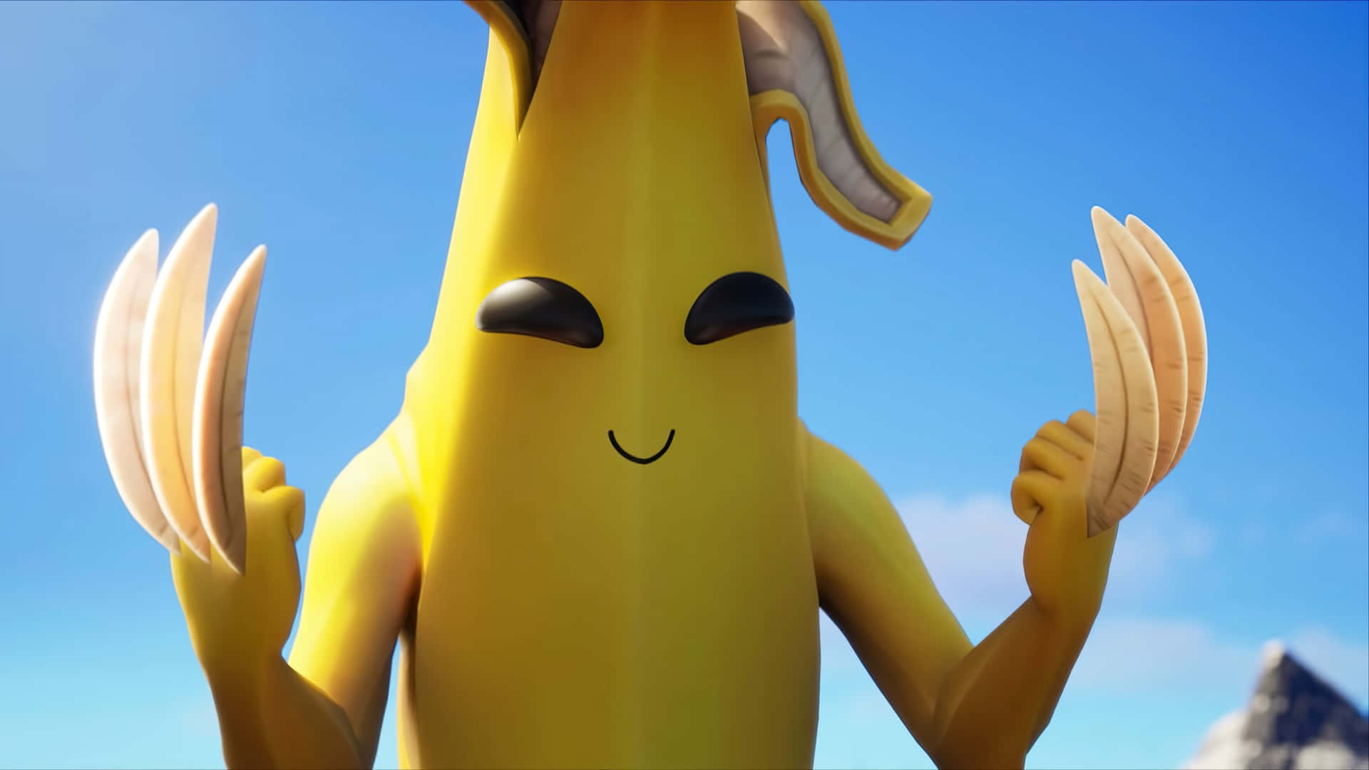 Peely Stands Victorious Atop Polar Peak In Fortnite Background