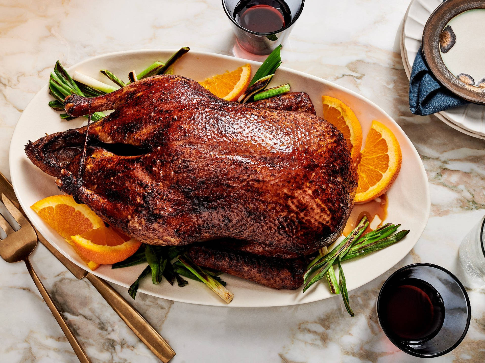 Peking Duck Roast With Rosemary And Orange Background