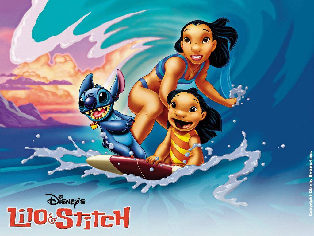 Pelekai Sisters And Stitch 3d Surfing Background