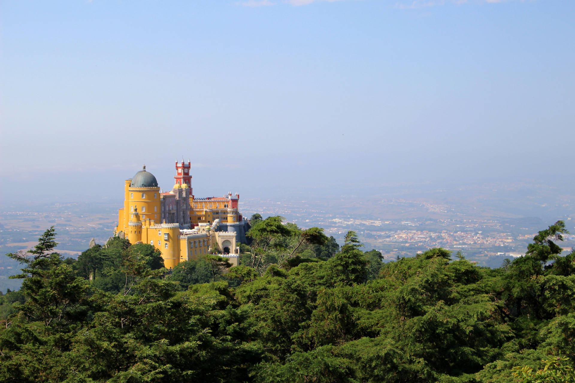 Pena Palace In Sintra From Afar Background