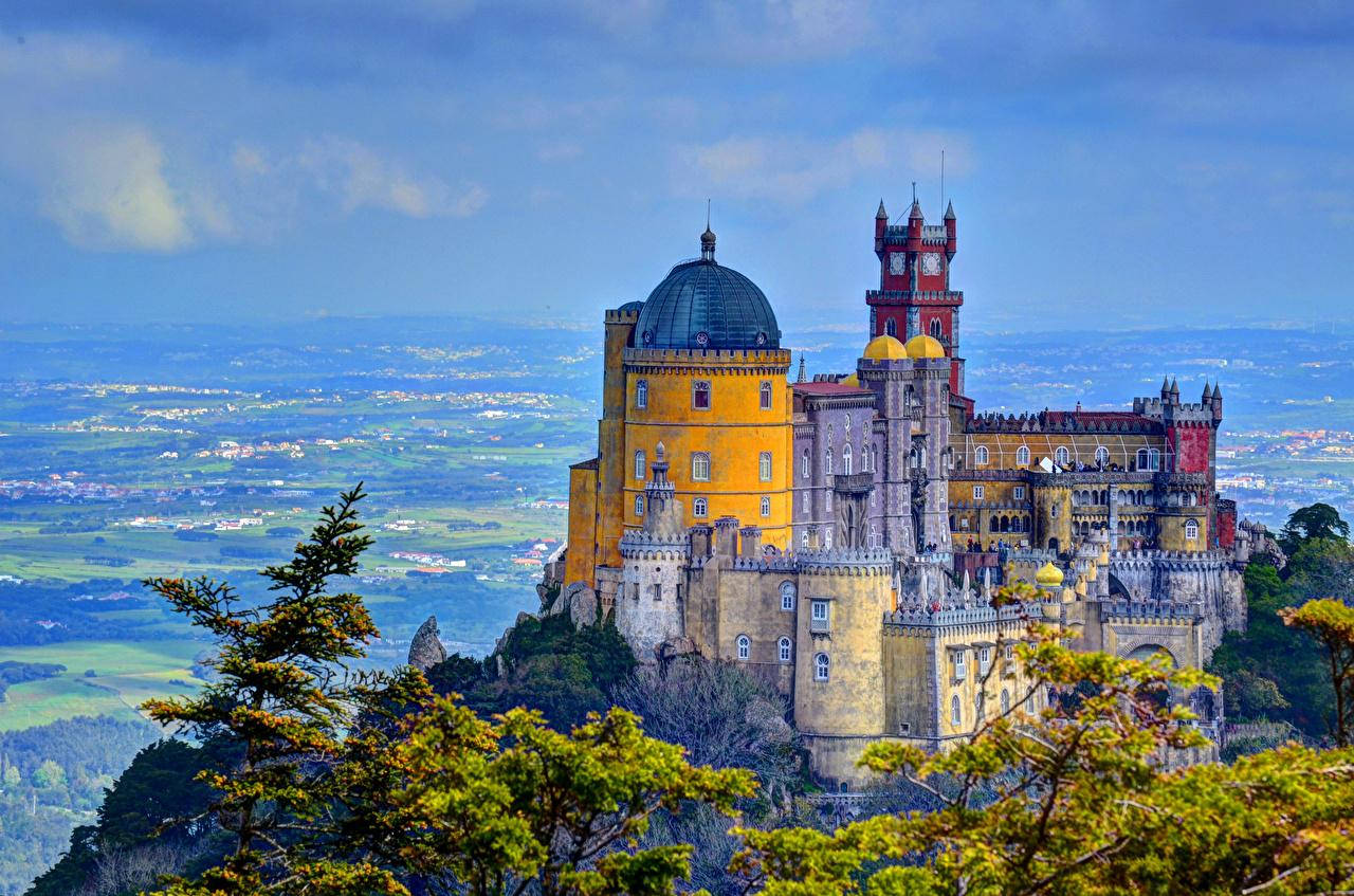 Pena Palace Sintra Overlooking City Background