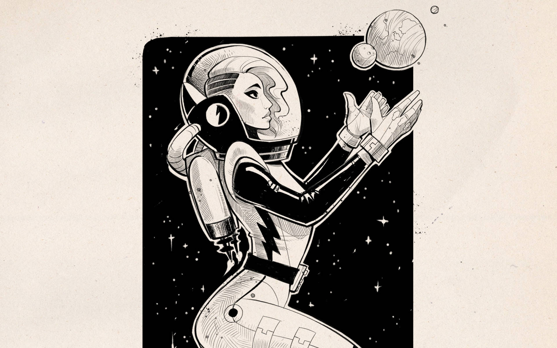 Pencil Drawing Astronaut Planets