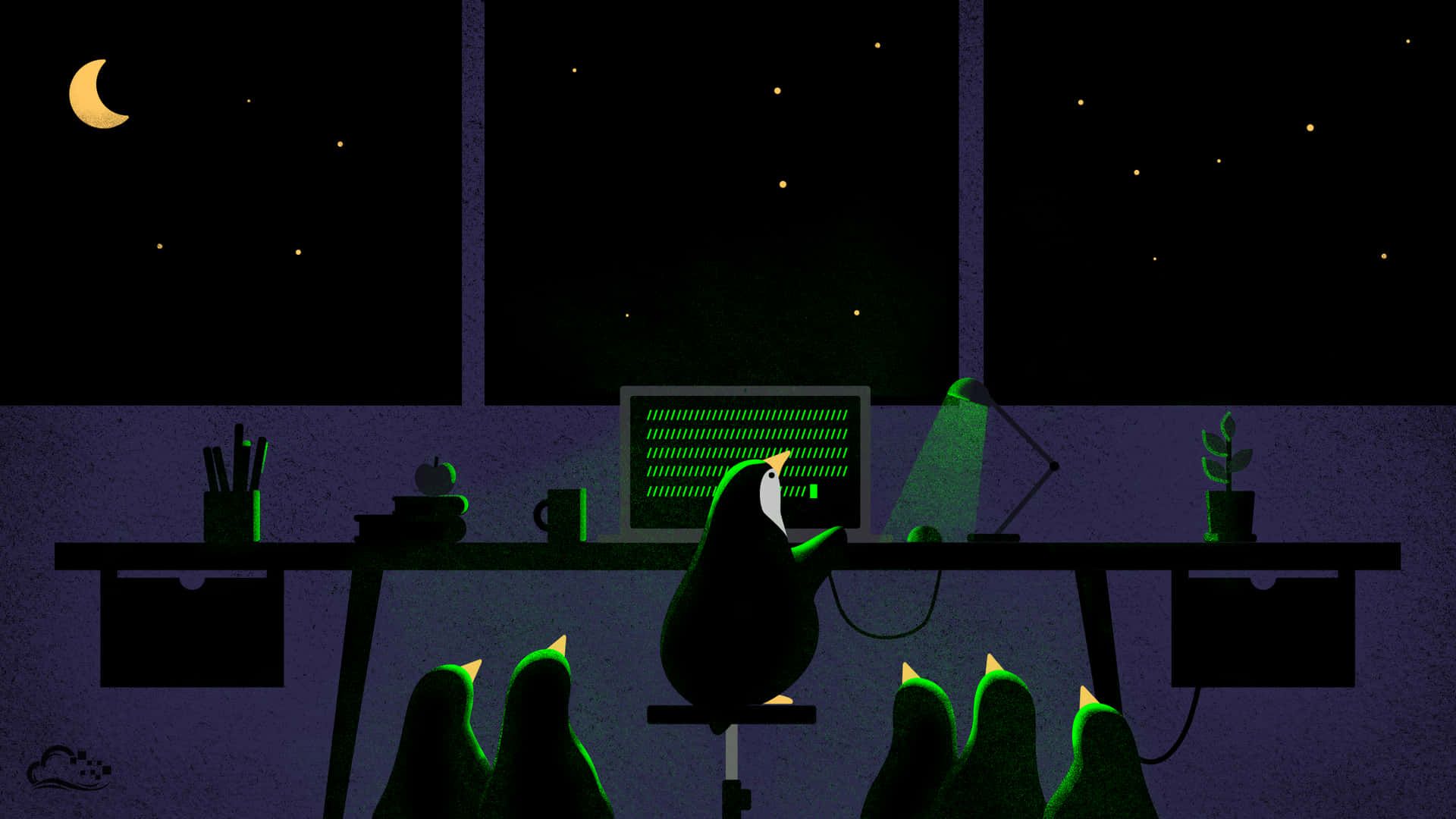 Penguins Sitting At A Desk