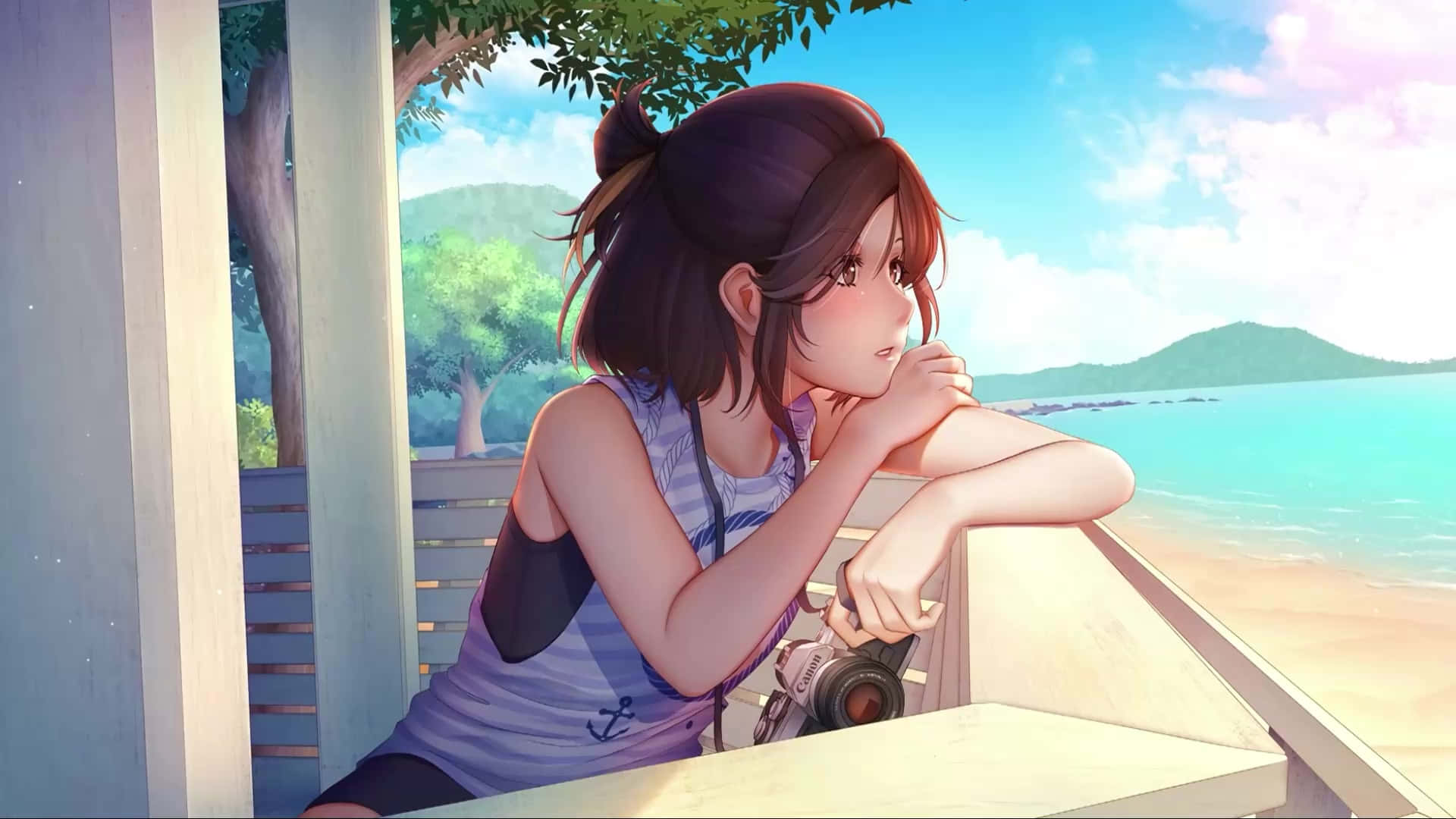 Pensive Anime Photographer Seaside Background