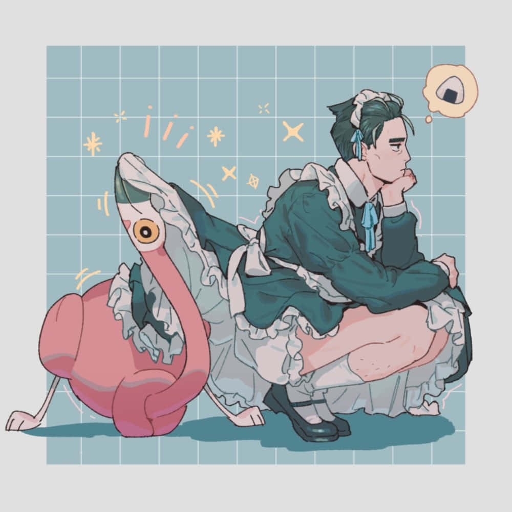 Pensive Characterwith Flamingo Creature Background