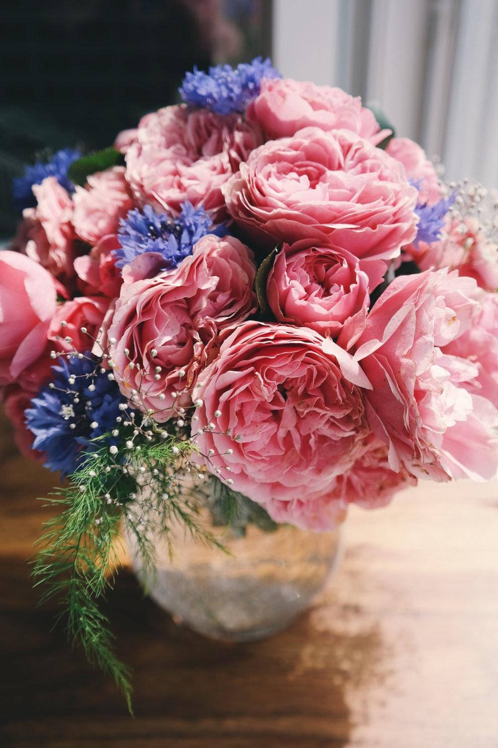 Peony Bouquet With Purple Flowers Background