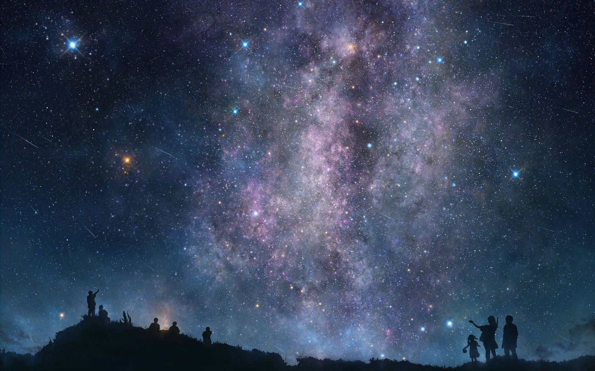 People Standing On A Hill Looking At The Stars Background