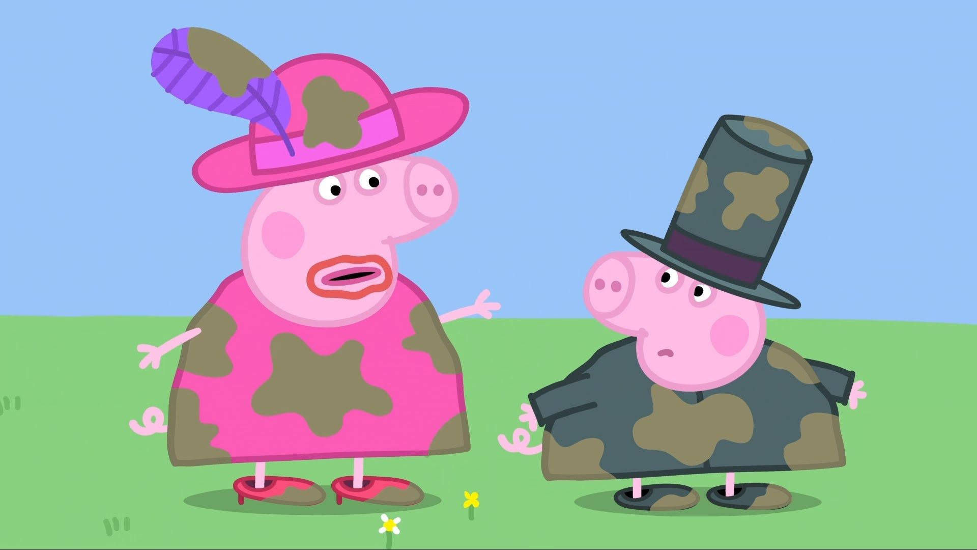 Peppa Pig And Her Friend Are Dressed In Pink And Black Background