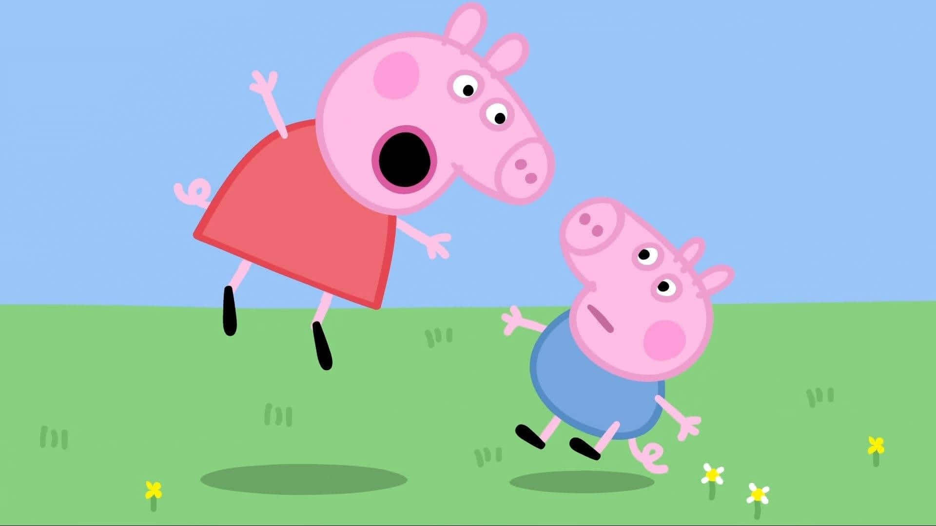Peppa Pig And Her Little Sister Are Playing In The Grass Background