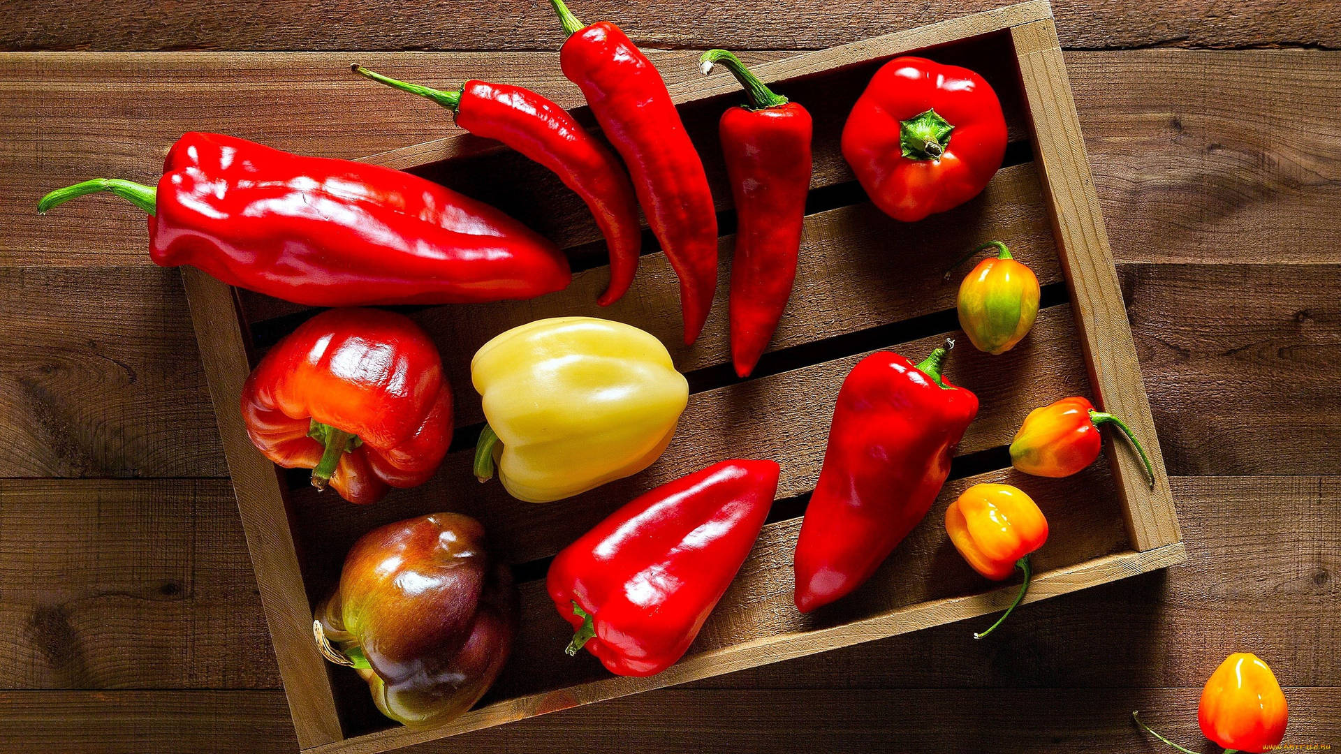 Pepper Varieties In Wooden Container