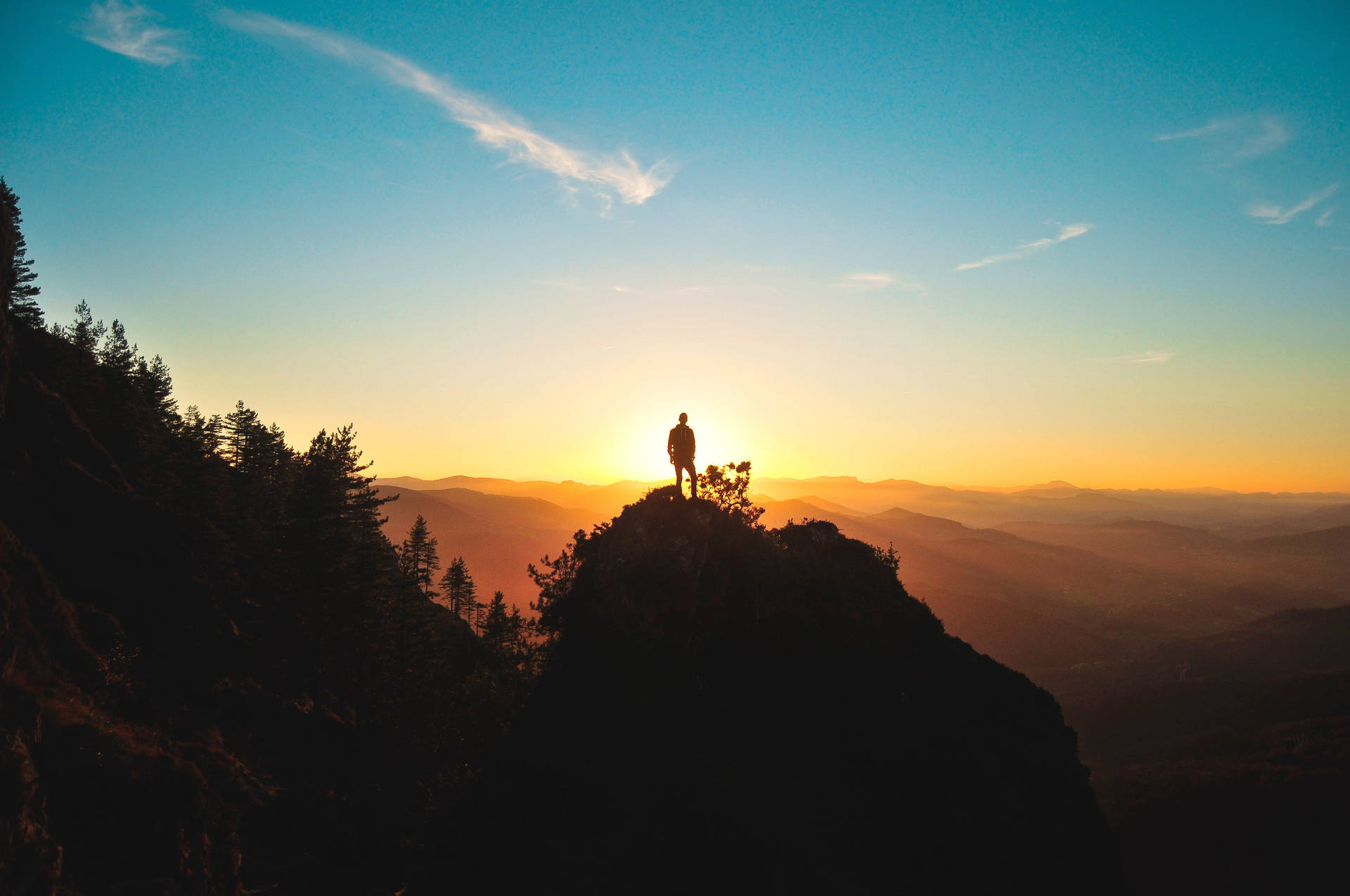 Person Sunset Mountain Ranges Background