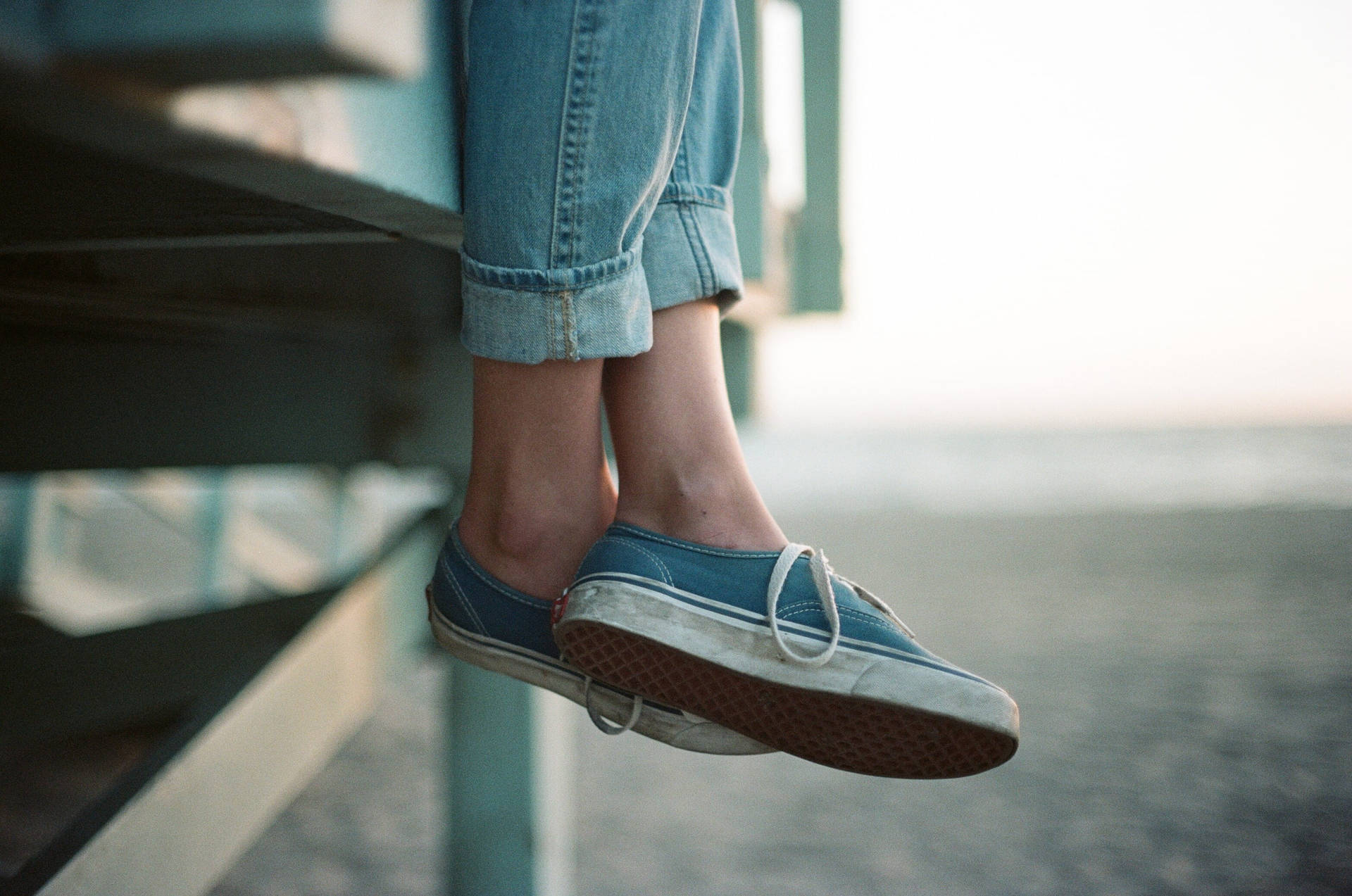 Person Wearing Authentic Blue Vans Background