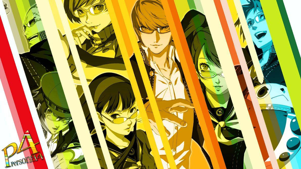 Persona 4 Heroes In Striped Banners Background