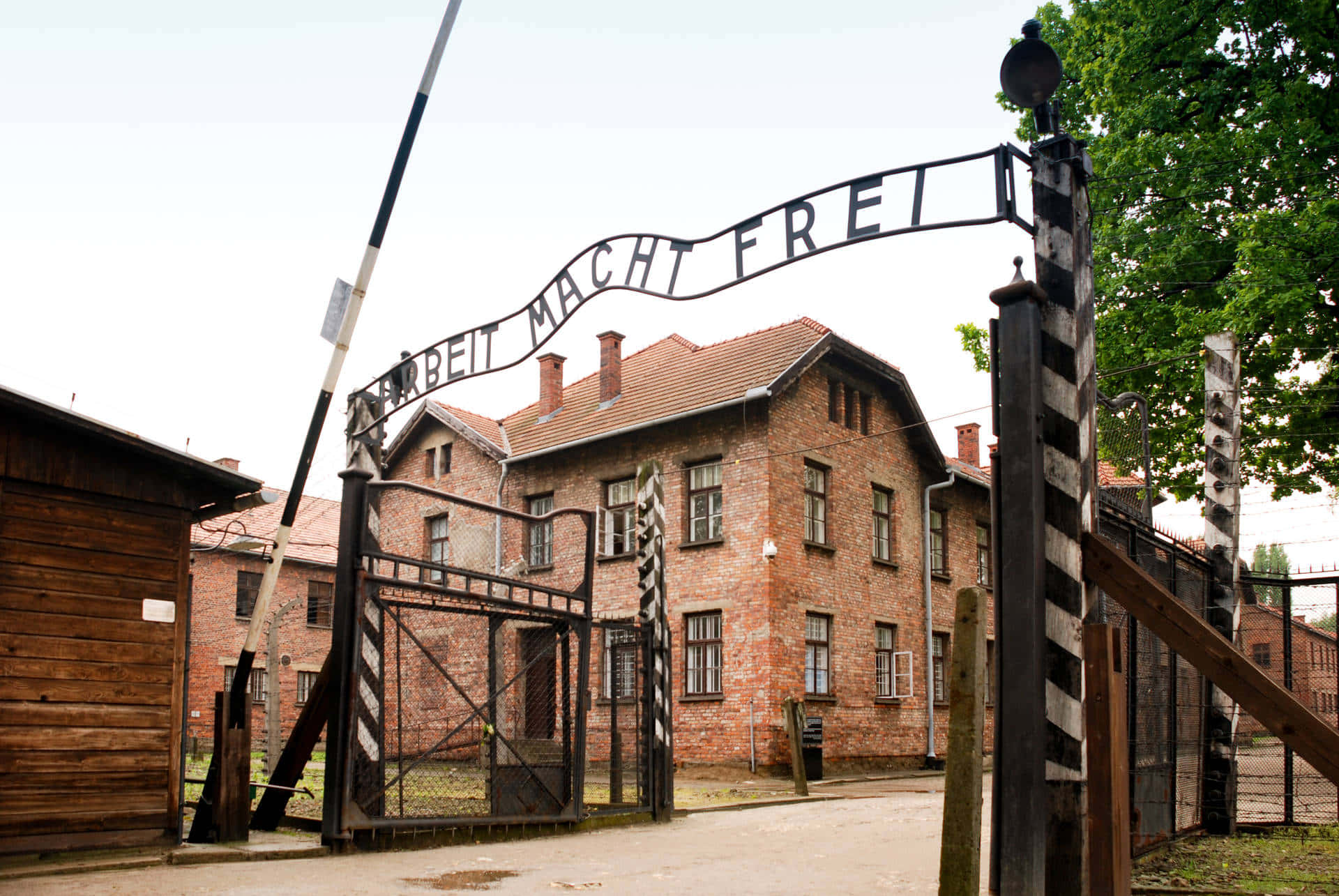 Perspective View Of Auschwitz Concentration Camp's Entrance Gate Background