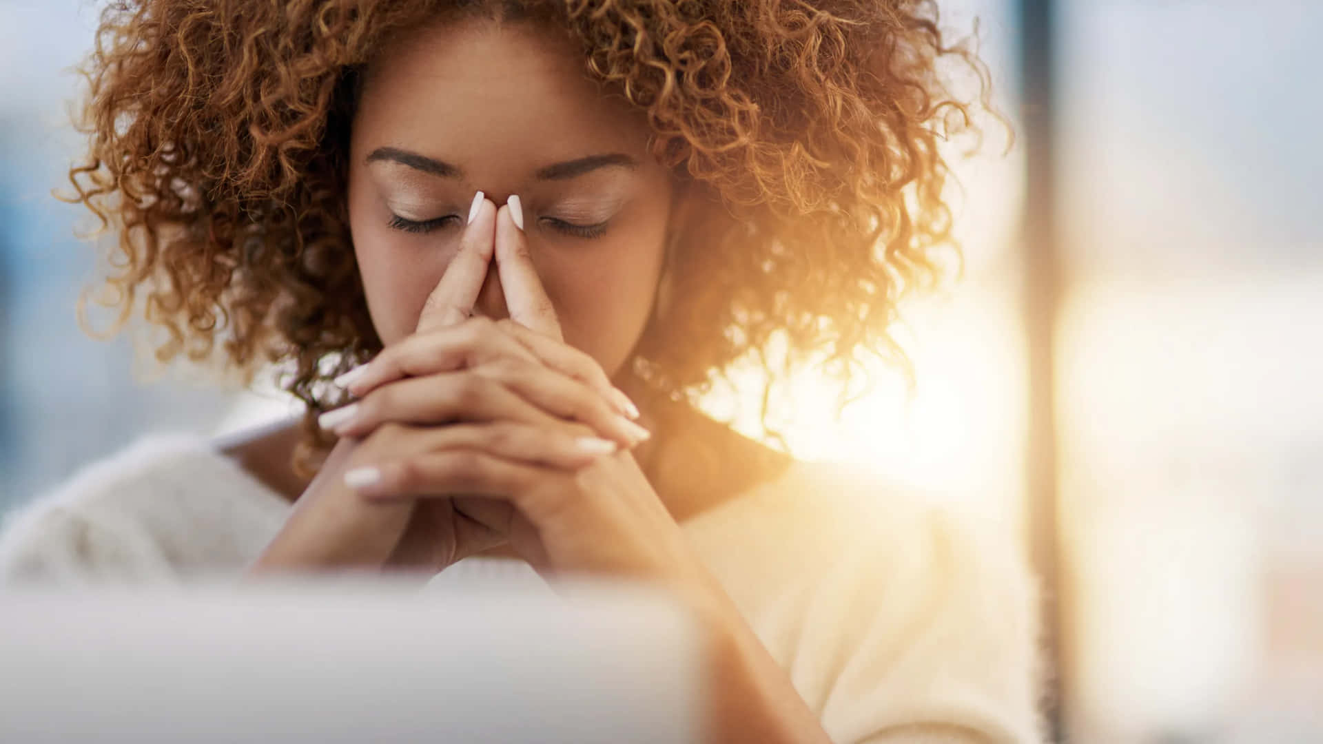 Perturbed Woman Touching Her Face Background