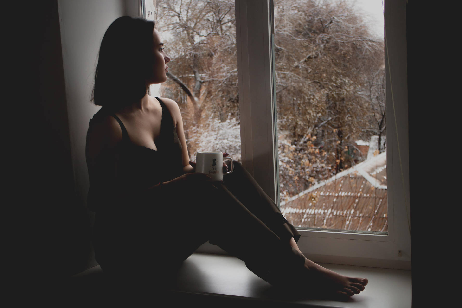 Pessimistic Woman By Window Background