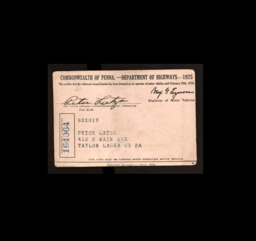 Pete Latzo's Signed Driver;s License