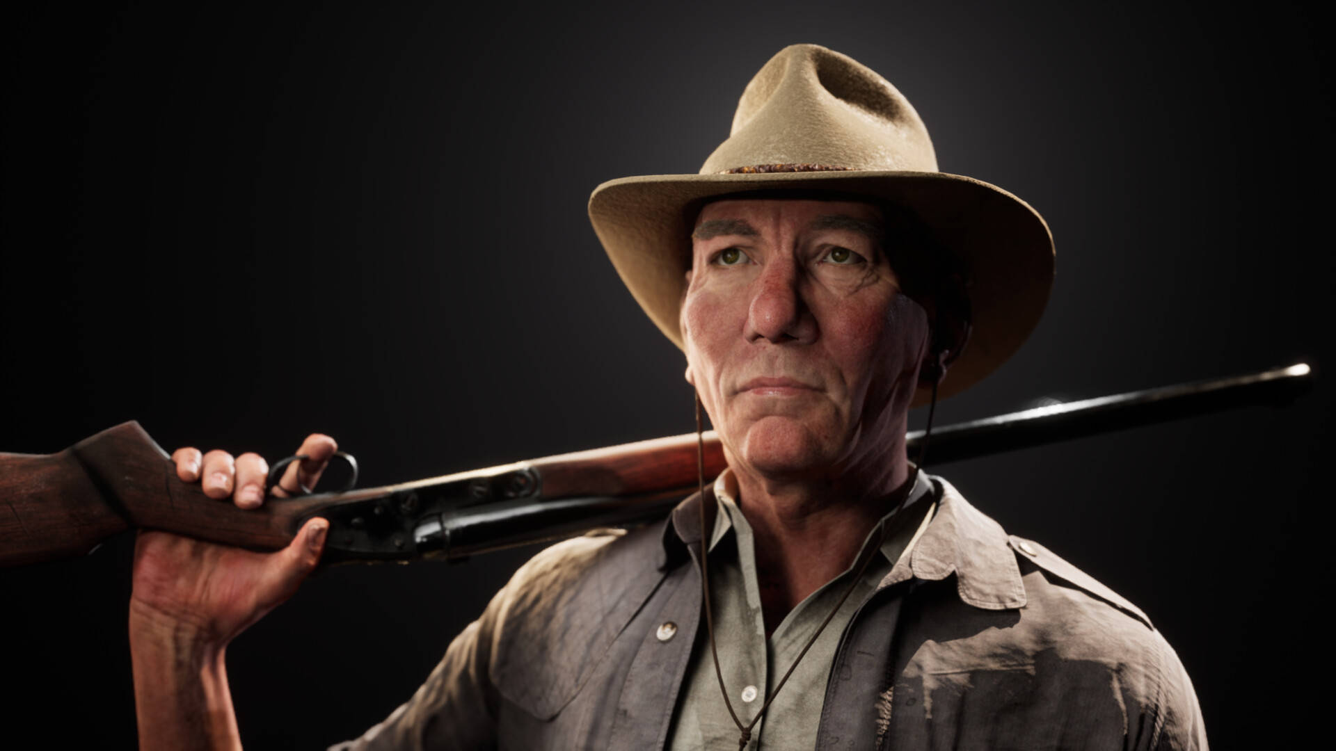 Pete Postlethwaite With Cowboy Hat And Rifle Background