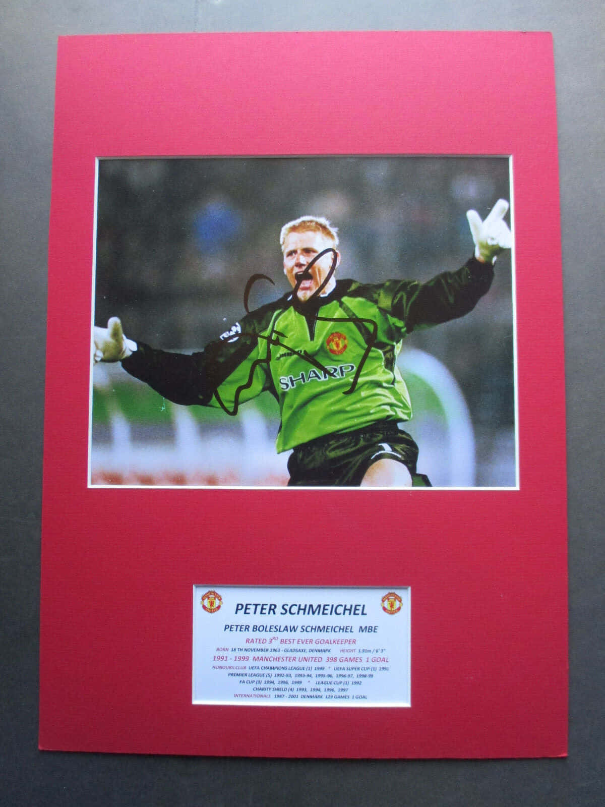 Peter Schmeichel Signed Photo Manchester United Background