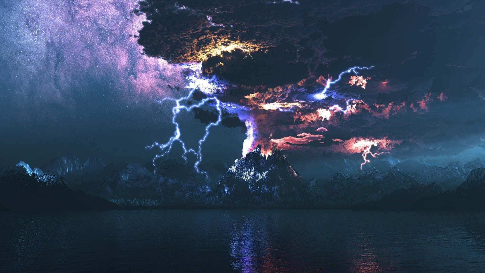 Phenomenal Lightning During Volcanic Eruption Background