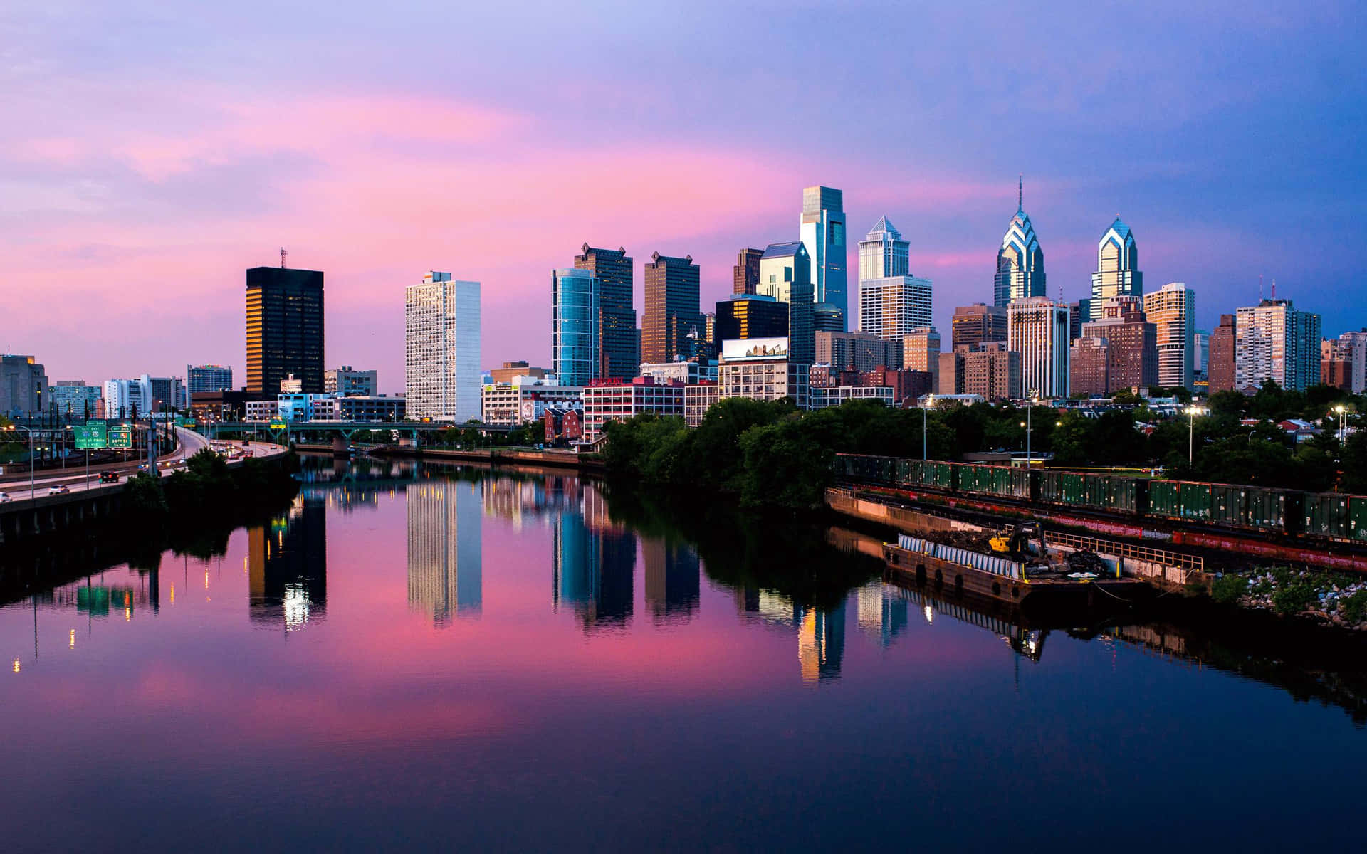 Philadelphia Skyline With Sunset Reflection Background