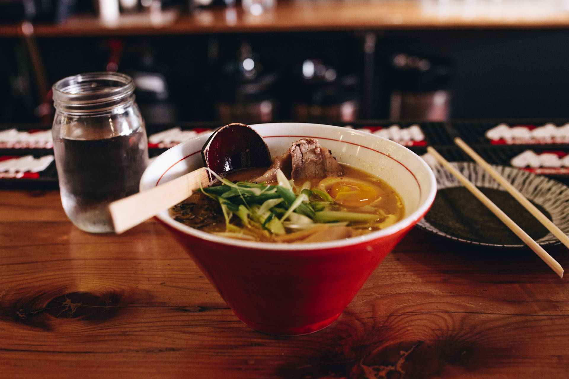 Pho Served In A Red Bowl Background