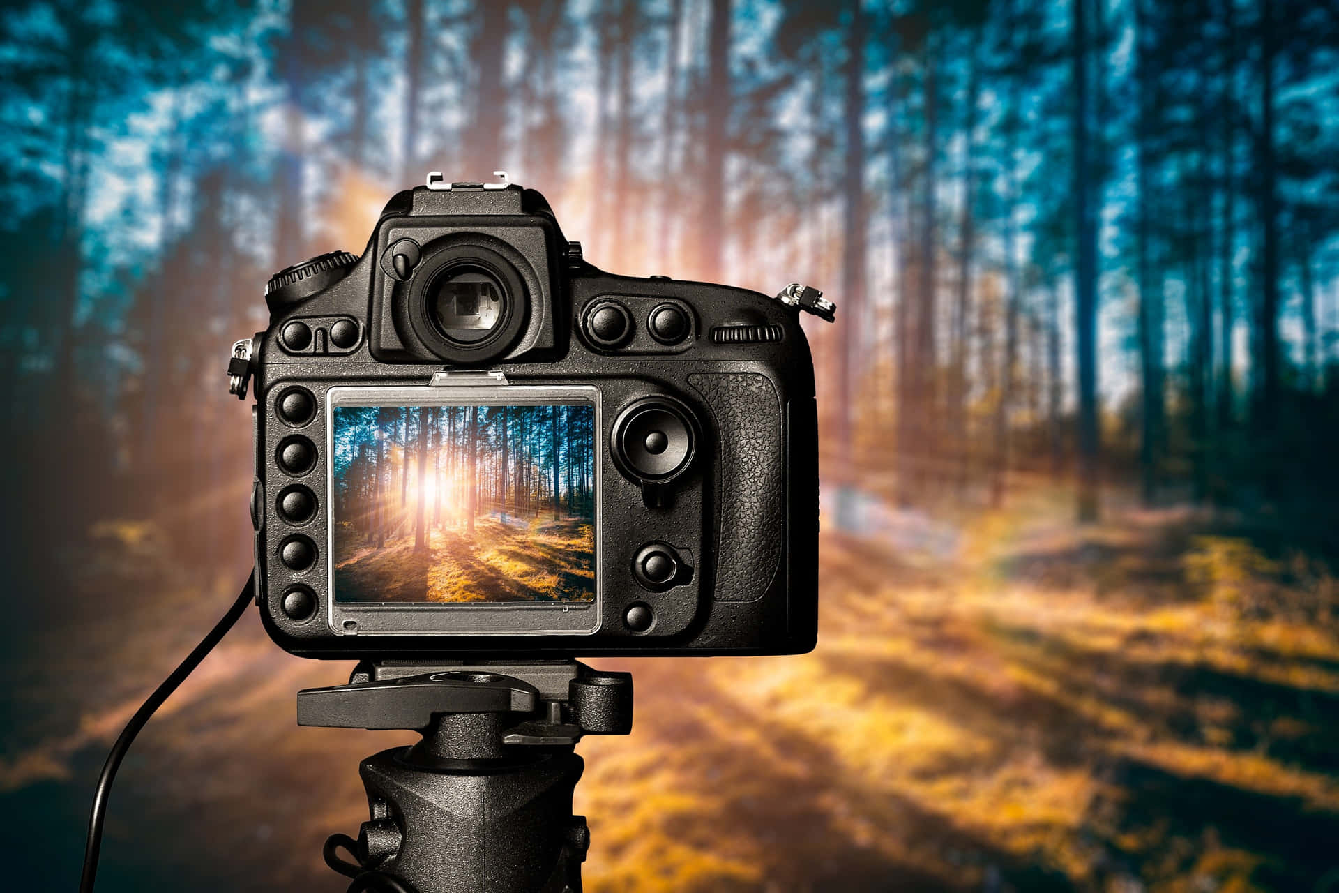 Photography Camera In Blue Forest
