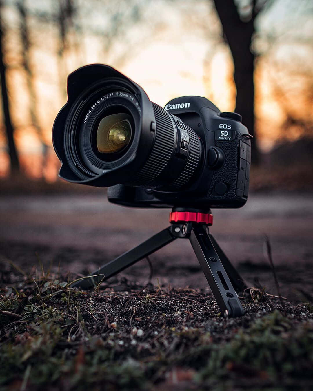 Photography Camera With Stand On Sunset Background