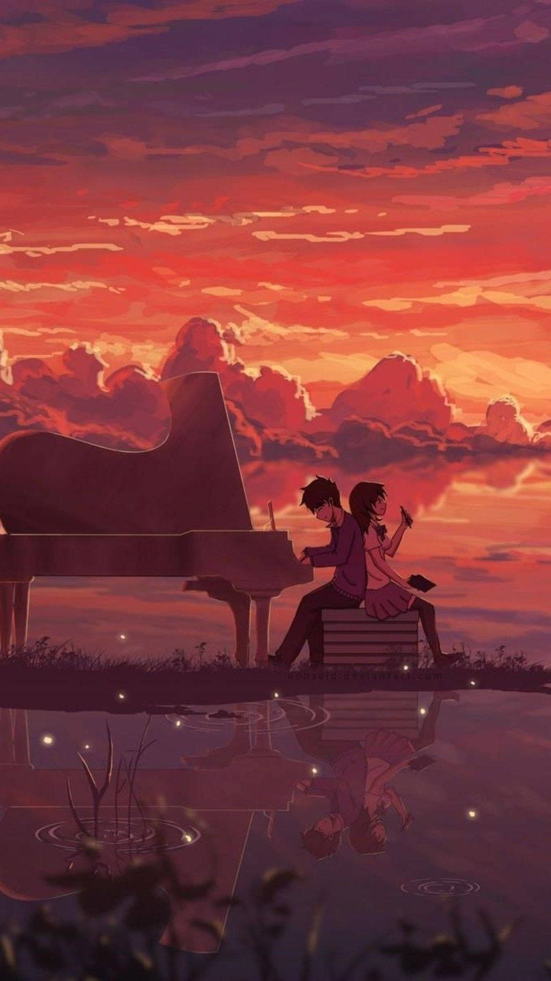 Piano By The Sunset Anime Phone Background