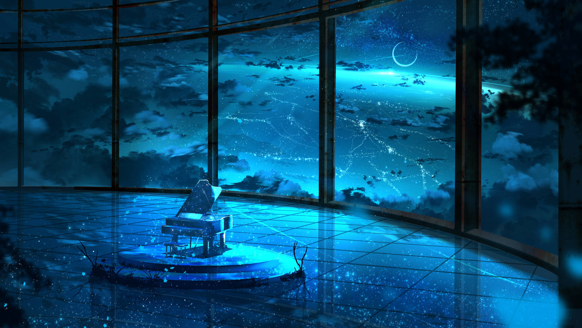 Piano Luminous Blue Glass Room Background