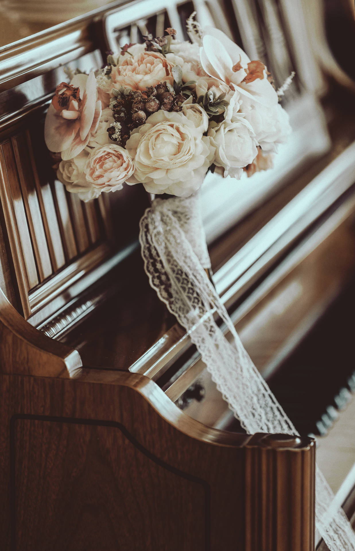 Piano With Hand Flower Bouquet Background