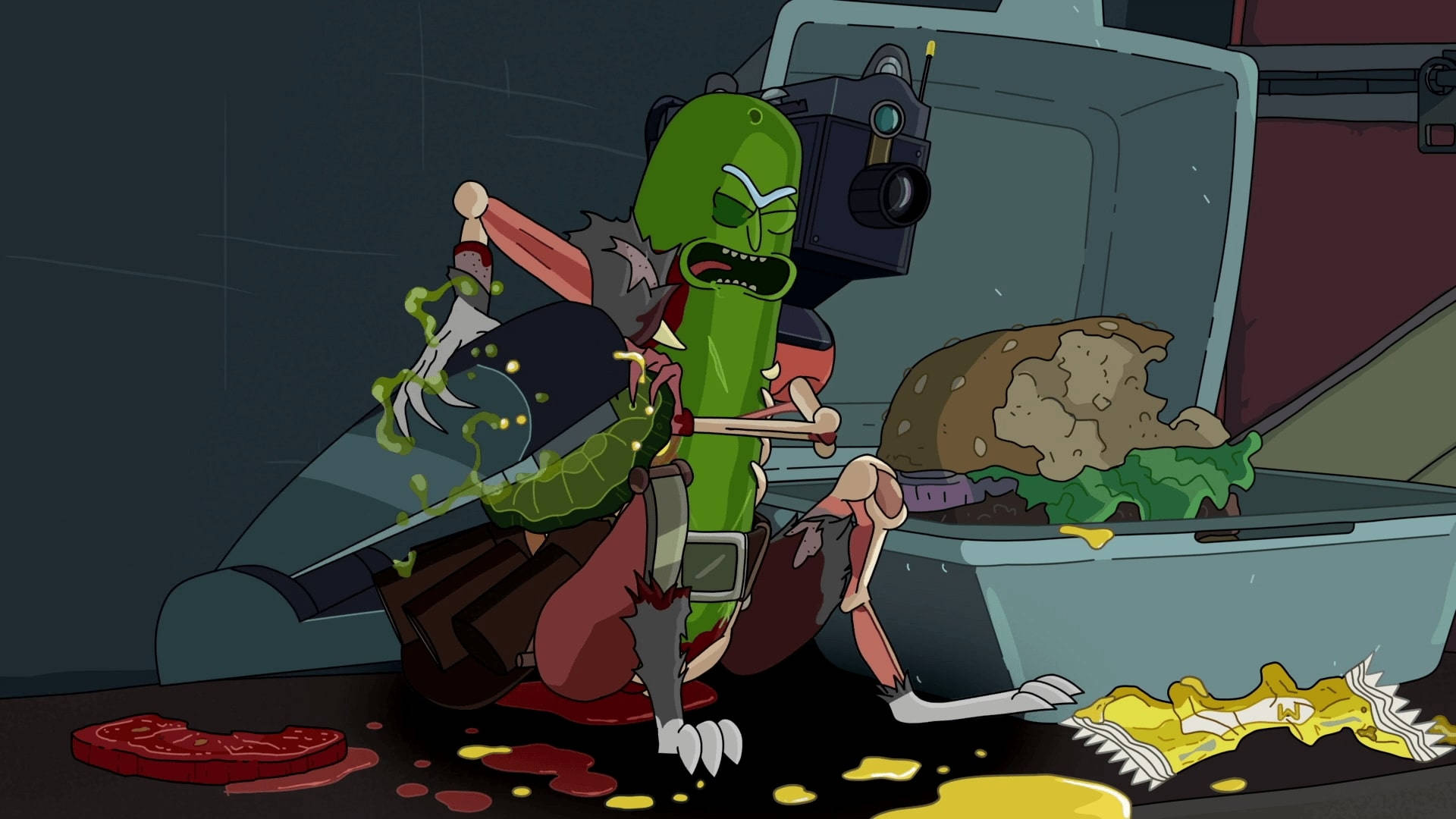 Pickle Rick Sitting Beside A Sandwich