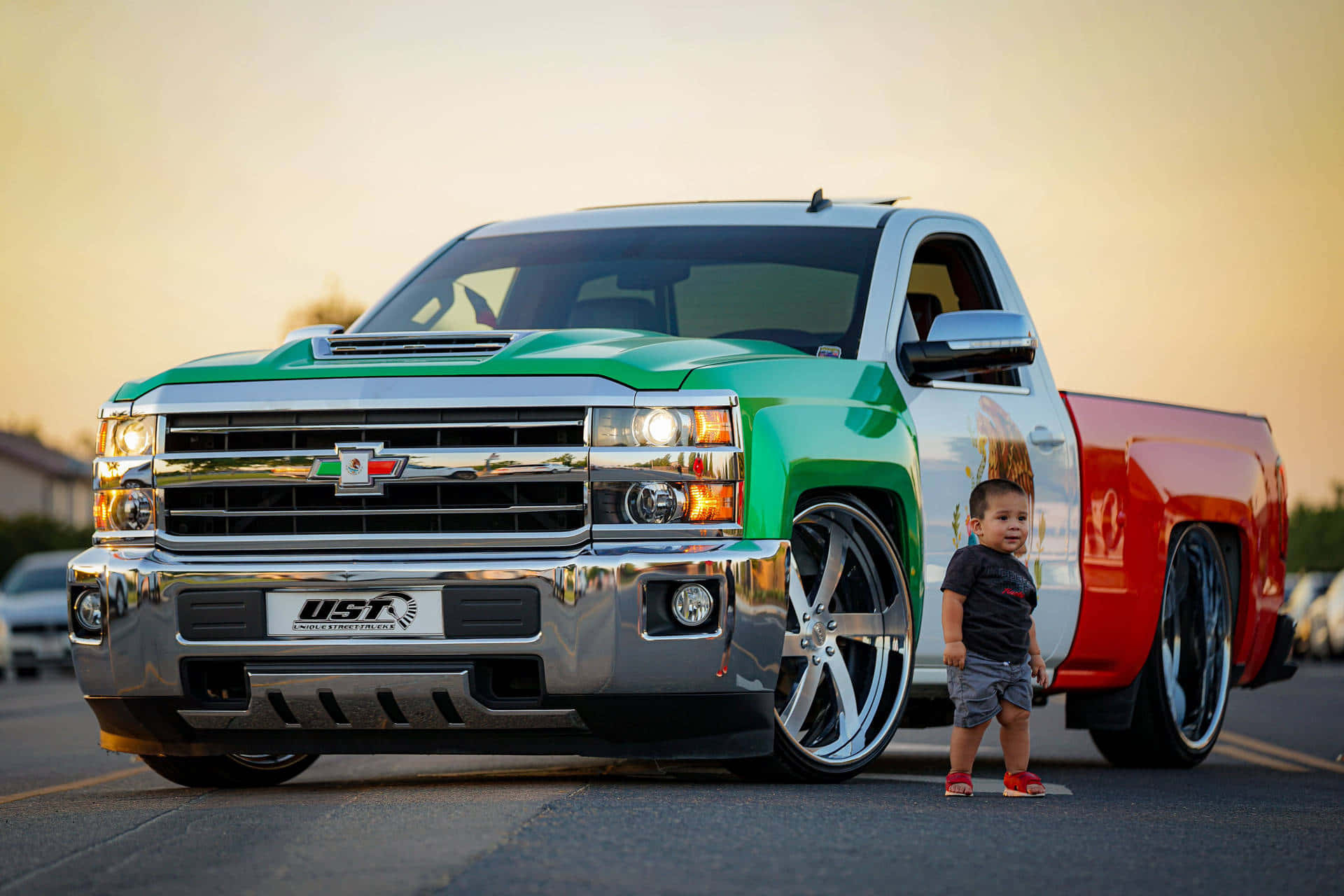 Pickup Truck Red Green White Chevrolet Silverado Background