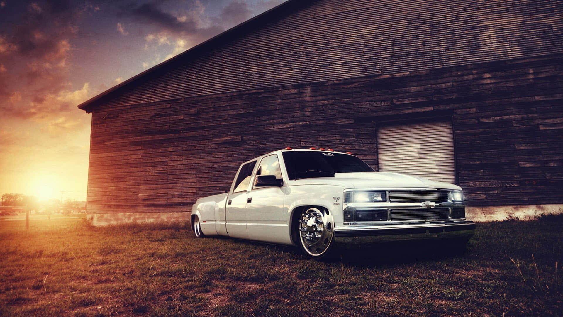 Pickup Truck White Chevrolet Silverado Sunset Photography Background