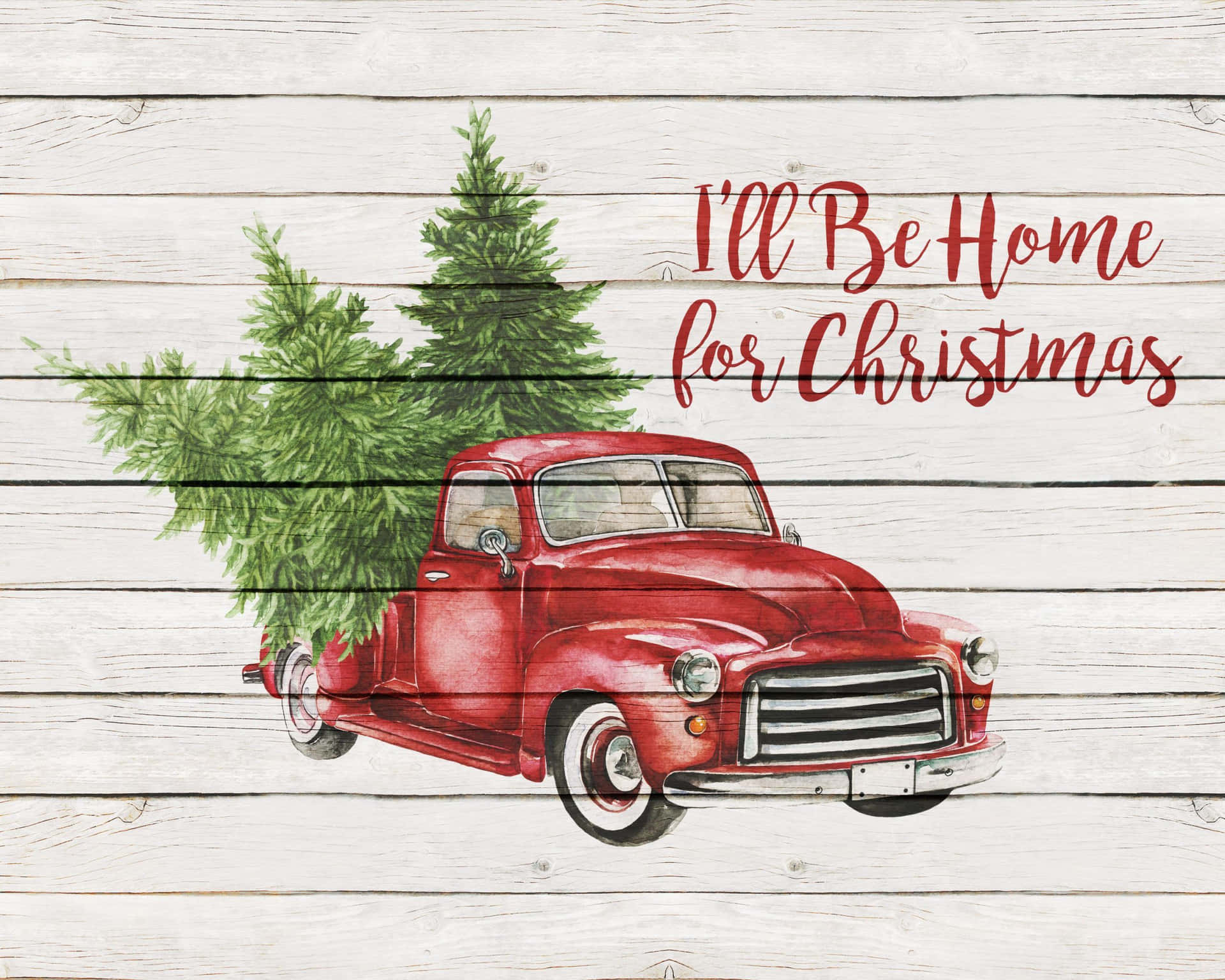 Pickup Truck With Farmhouse Christmas Trees Background