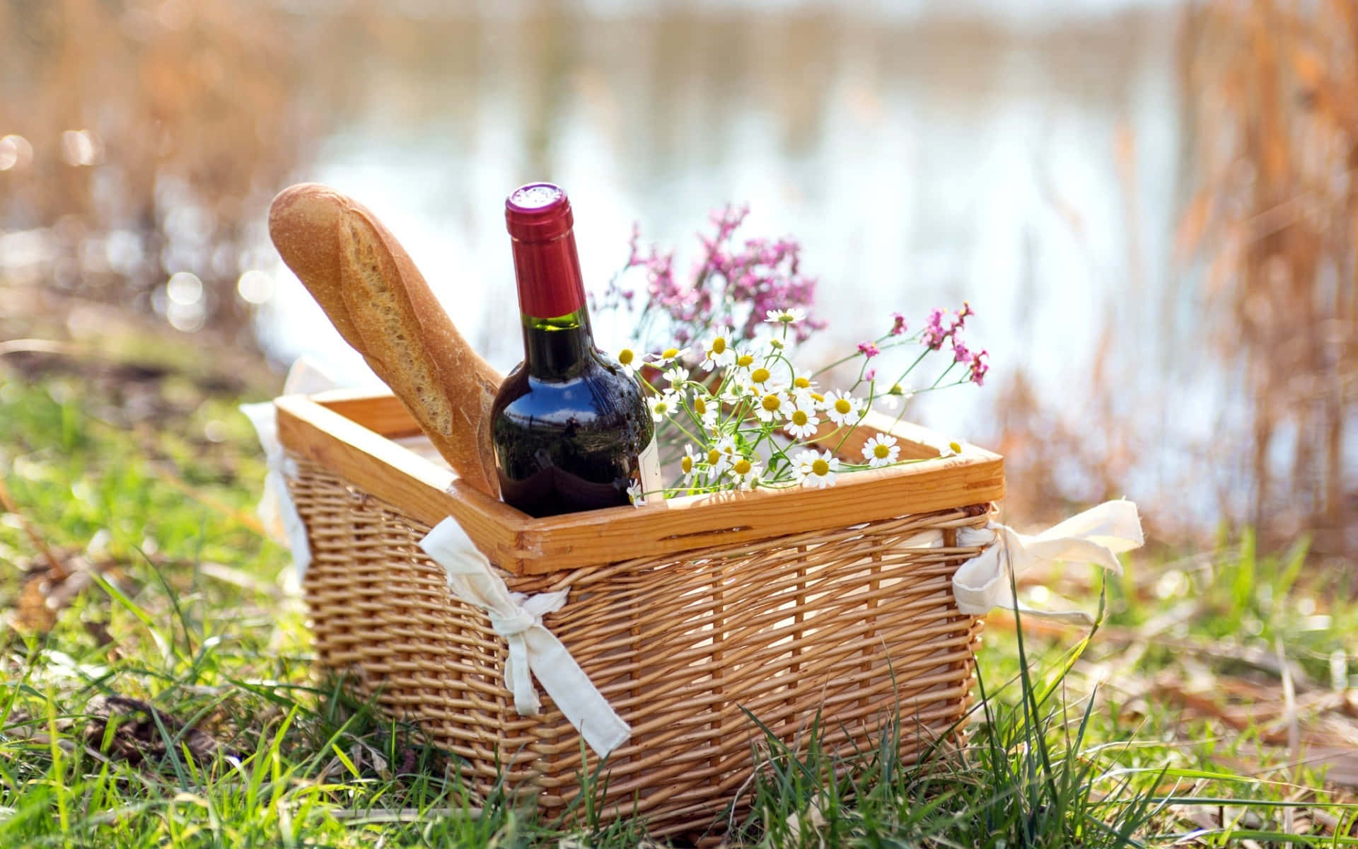 Picnic Basket With Wine & Flowers