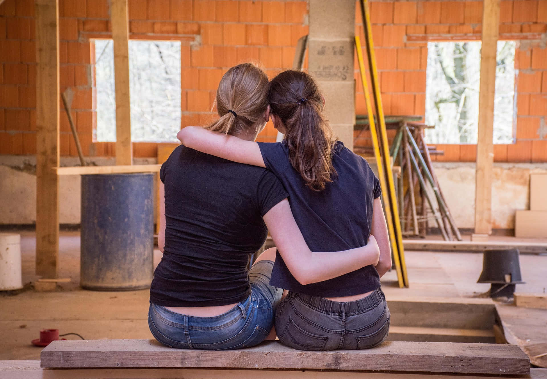 Picture Of Two Tangible Women Facing Backwards Hugging Each Other Background