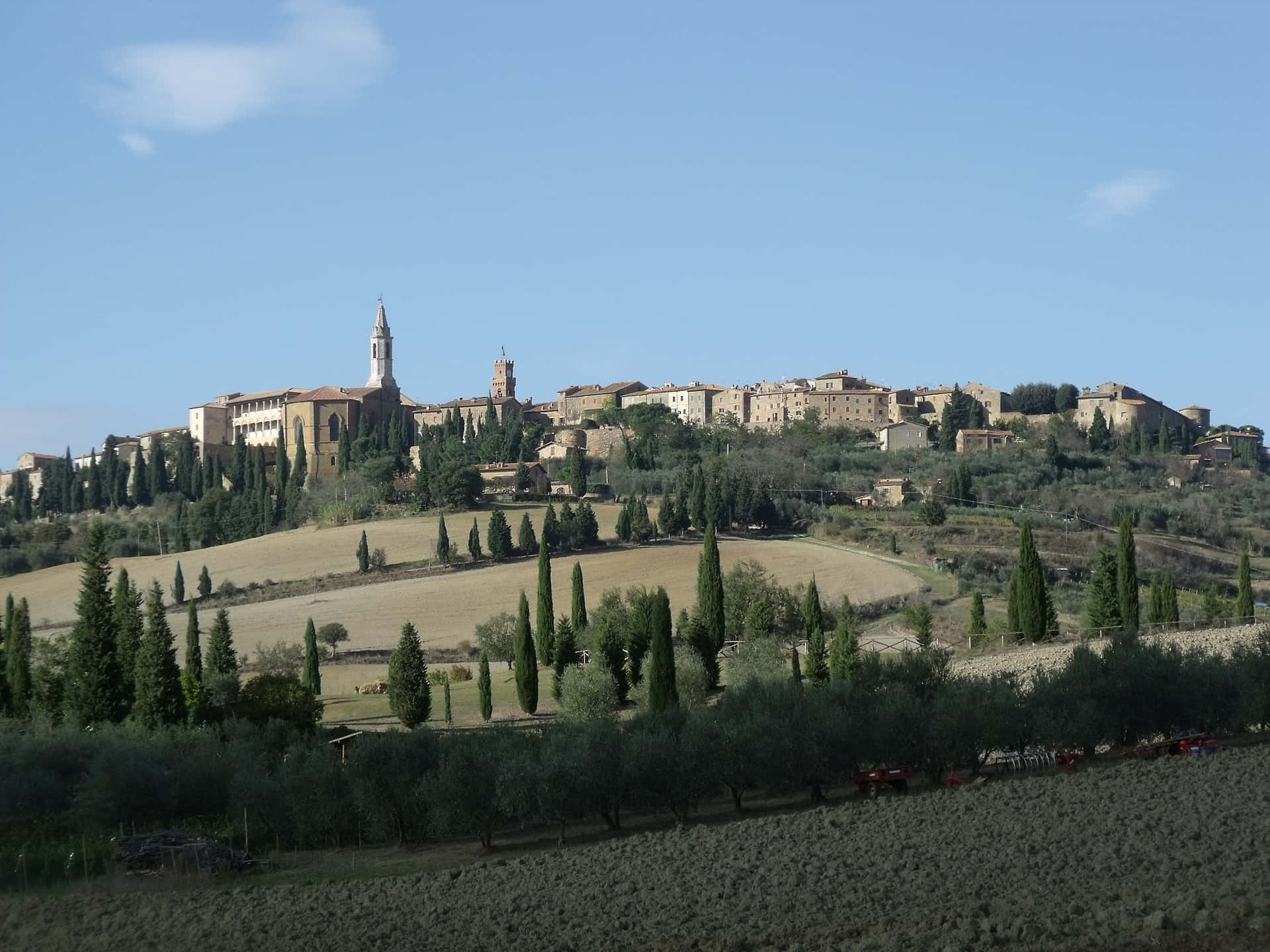 Pienza Village With Hillside Wide Shot Background