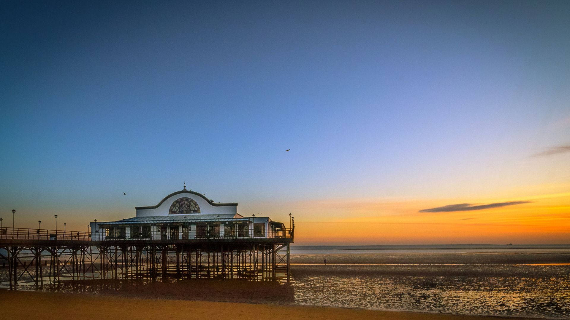 Pier Seafood Restaurant On Beach Sunrise Background