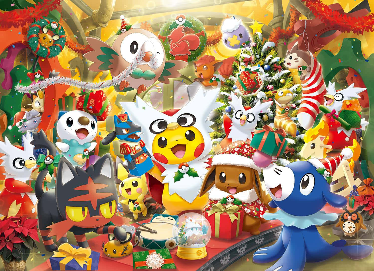 Pikachu And Eevee Having A Christmas Celebration Background