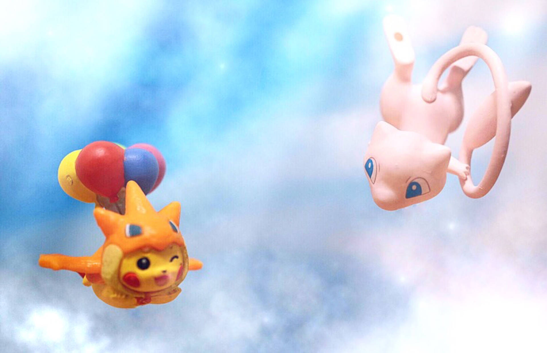Pikachu And Mew Sailing And Playing Together In The Sky Background