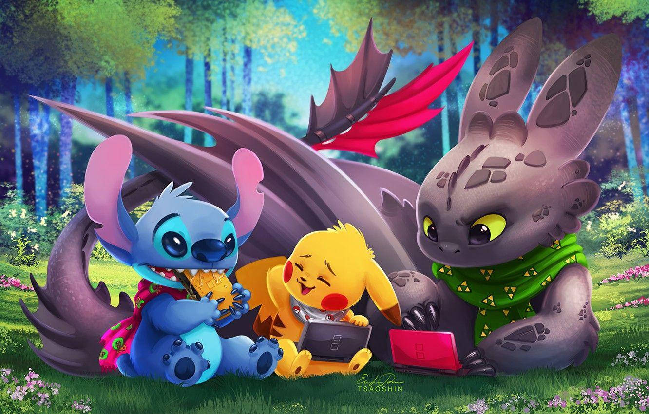 Pikachu And Toothless Watching Stitch 3d Background