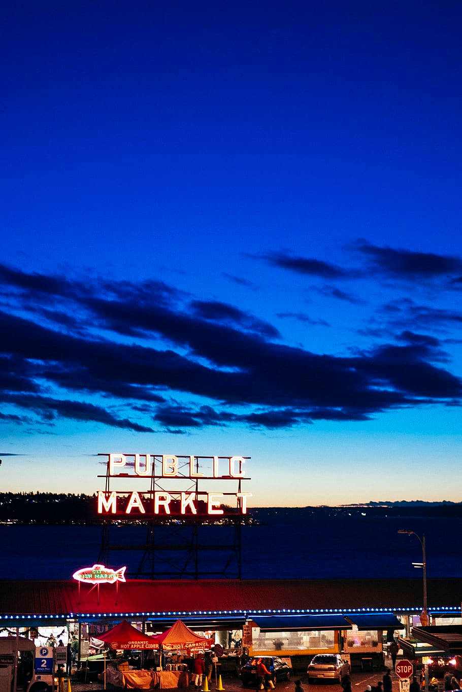 Pike Place Market Dark Blue Sky Background