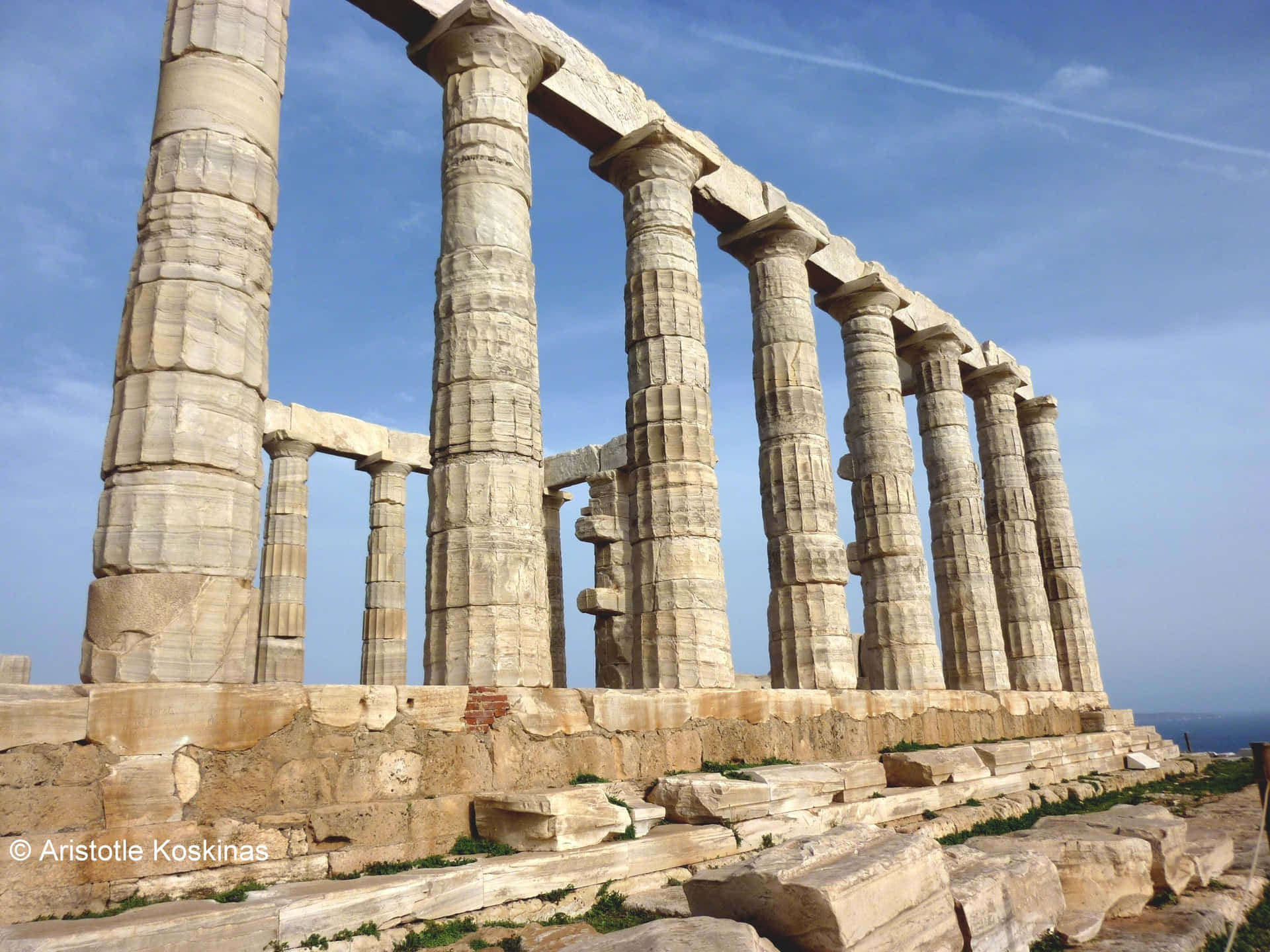 Pillars Beneath Blue Sky Sounion Background