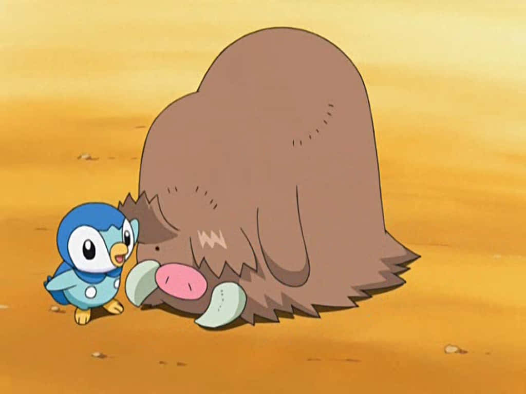 Piloswine With Piplup In The Pokemon Anime Background