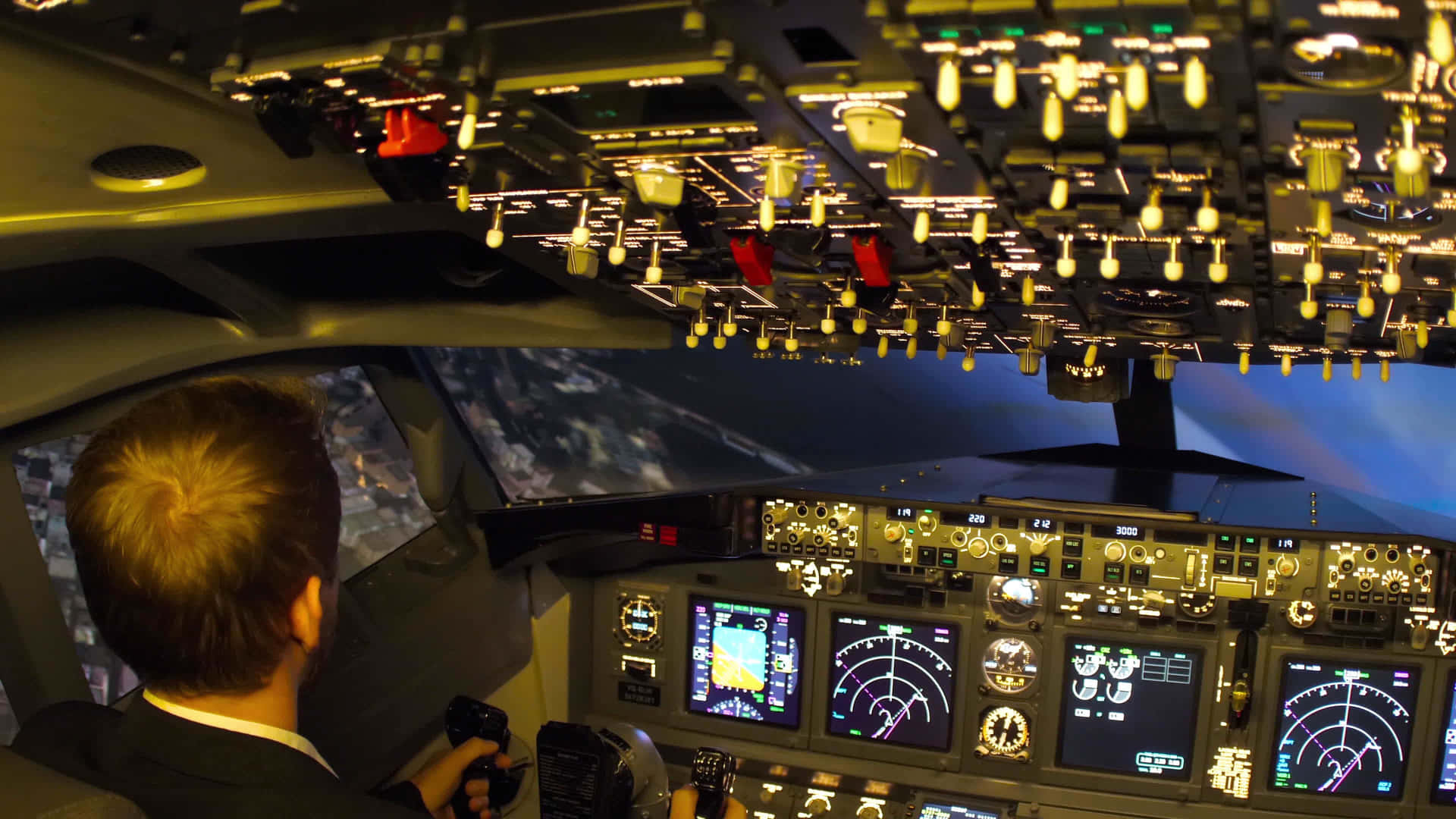 Pilot Navigating Inside Airplane At Night Background