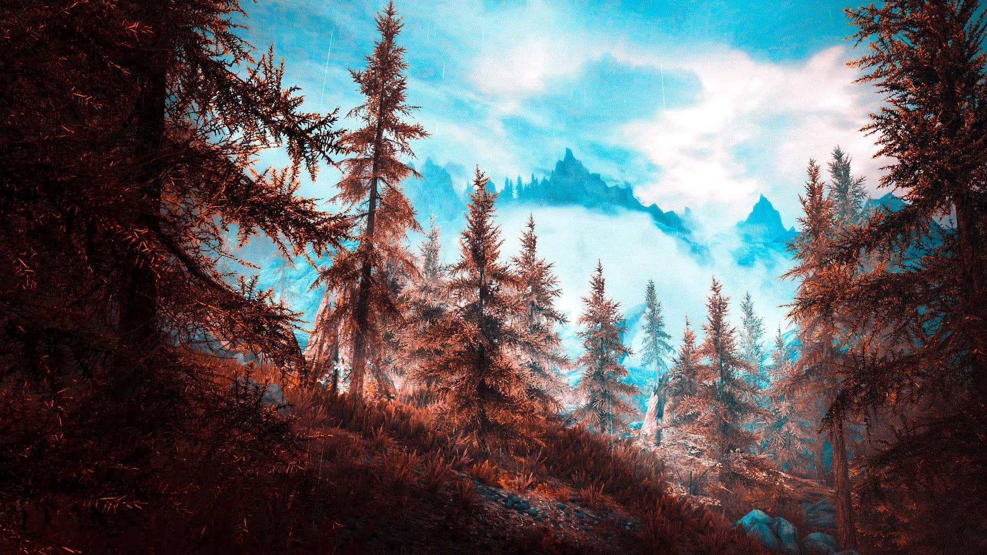 Pine Trees On Mountain Skyrim Landscape Background