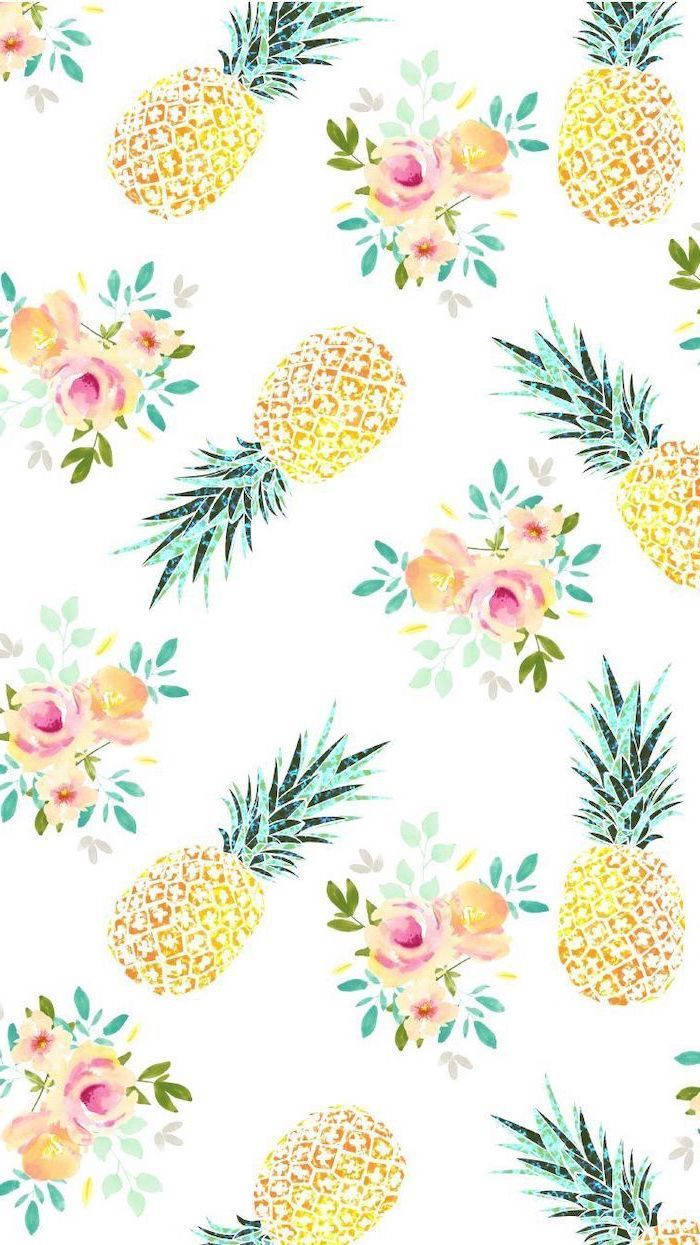 Pineapples And Flowers On A White Background Background